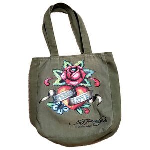 Vintage Y2k Ed Hardy Tote Bag Grunge Military Green Eternal Love Shoulder Flower